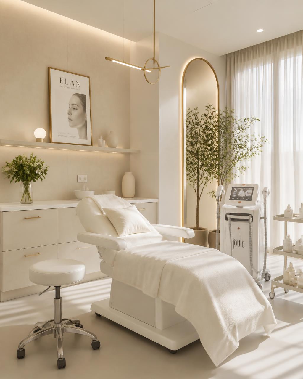 Ambiente clínico de estética avançada em tons claros e dourados